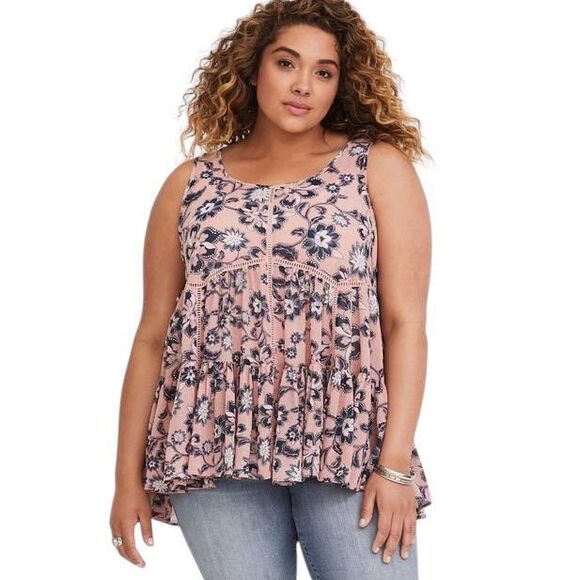 Torrid‎ Plus Size 3X Top Pink Floral Lace-Up Chiffon Tank Swing Oversized 993 - Picture 1 of 16